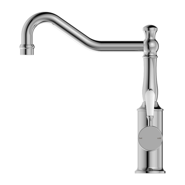 Nero York Kitchen Mixer Hook Spout With White Porcelain Lever Chrome