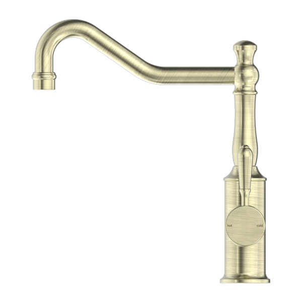 Nero York Kitchen Mixer Hook Spout With Metal Lever Aged Brass
