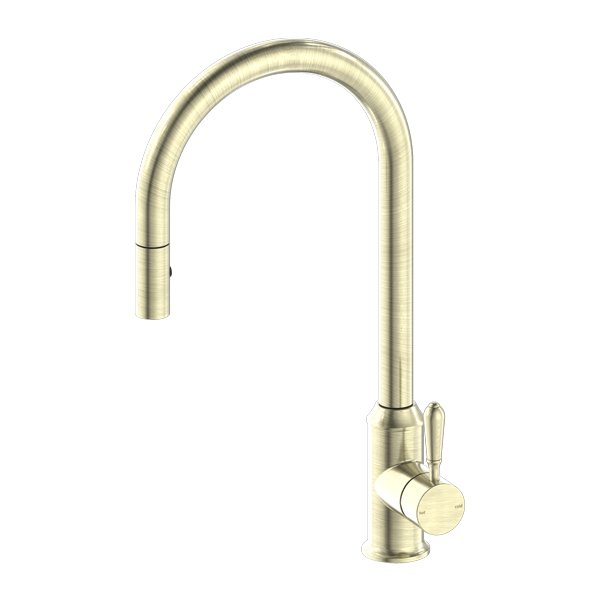Nero York Federation Pull Out Sink Mixer With Vegie Spray Function With Metal Lever Aged Brass