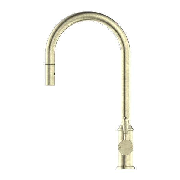 Nero York Federation Pull Out Sink Mixer With Vegie Spray Function With Metal Lever Aged Brass