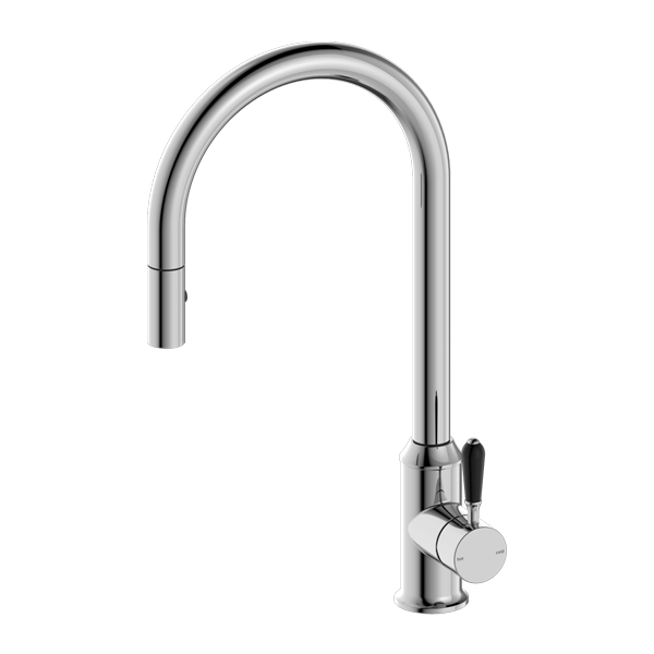 Nero York Federation Pull Out Sink Mixer With Vegie Spray Function With Black Porcelain Lever Chrome
