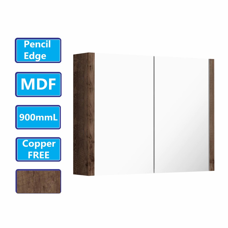 900Lx720Hx150Dmm Dark Oak Wood Grain PVC Filmed Shaving Cabinet With Mirror Copper Free