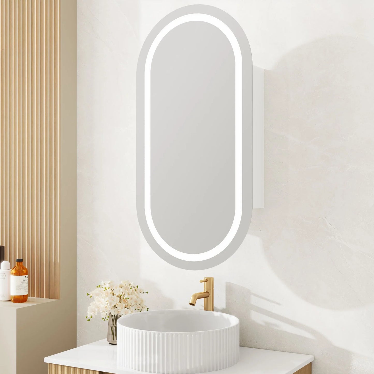 Athena 450 x 900mm LED Pill Oval Wall-Hung Shaving Cabinet - Single Door