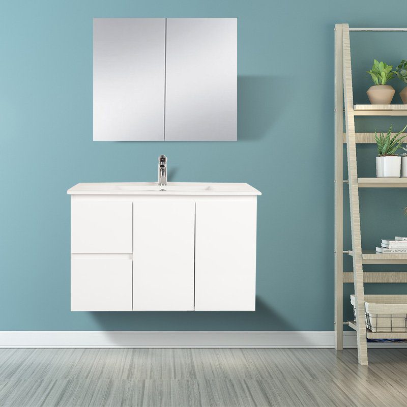 BIANCA 90cm Wall Hung Vanity Cabinet - Left Drawers with Ceramic Top