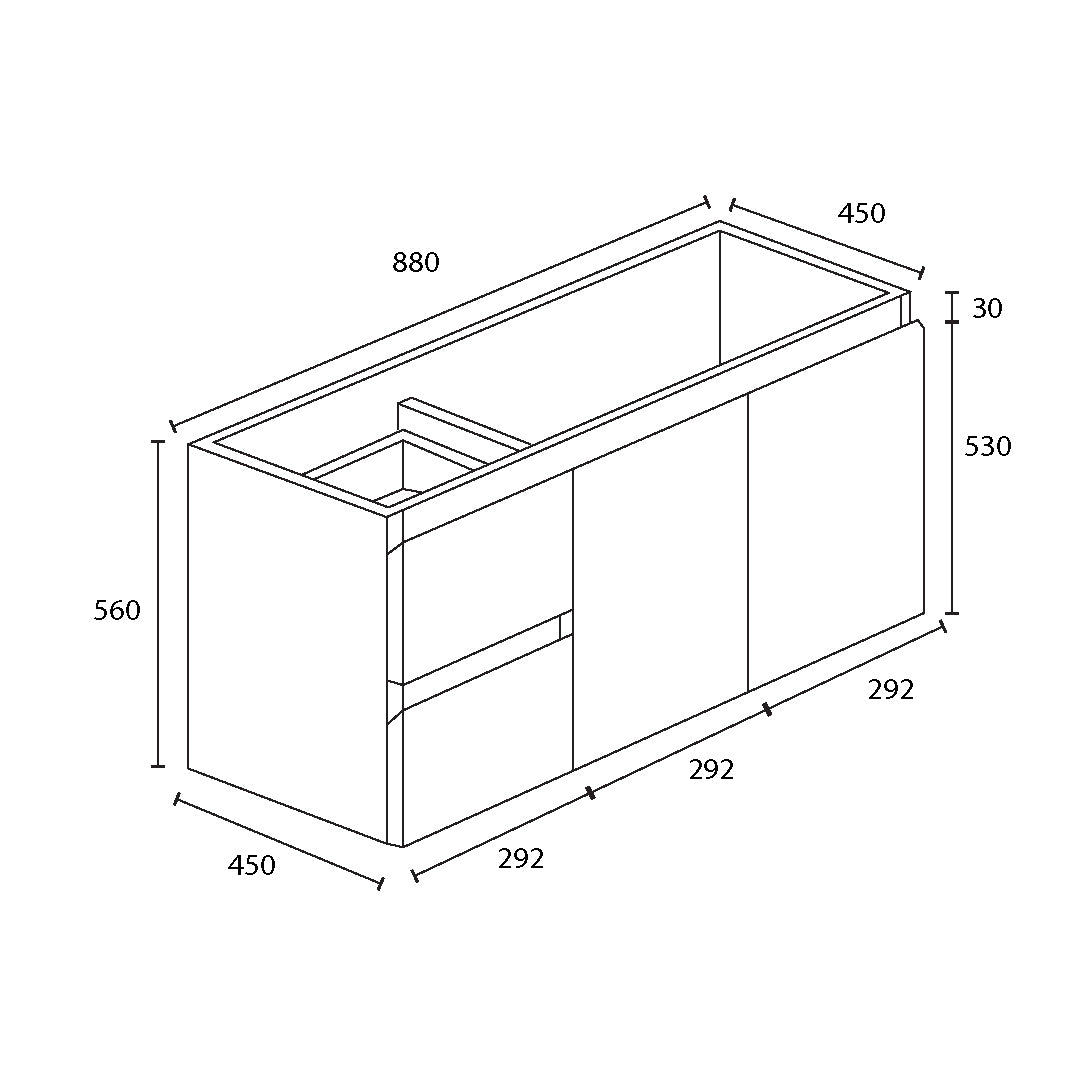 BIANCA 90cm Wall Hung Vanity Cabinet - Left Drawers with Ceramic Top