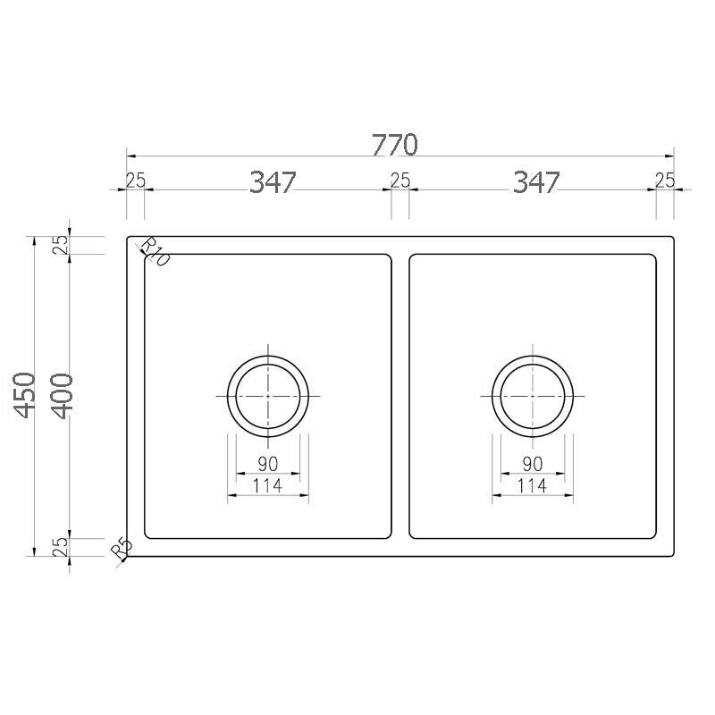 Ovia Black Granite Double Bowl Sink 770x450x230
