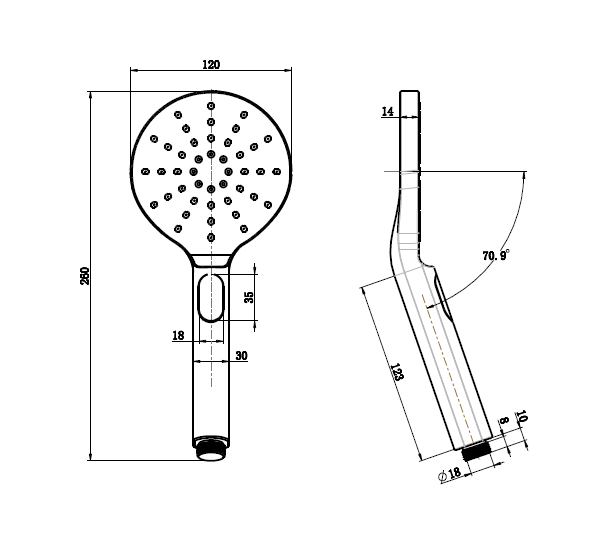 Modern National Paddle Hand Shower — measurement drawing (A-ABR015-Line-Drawing.png)