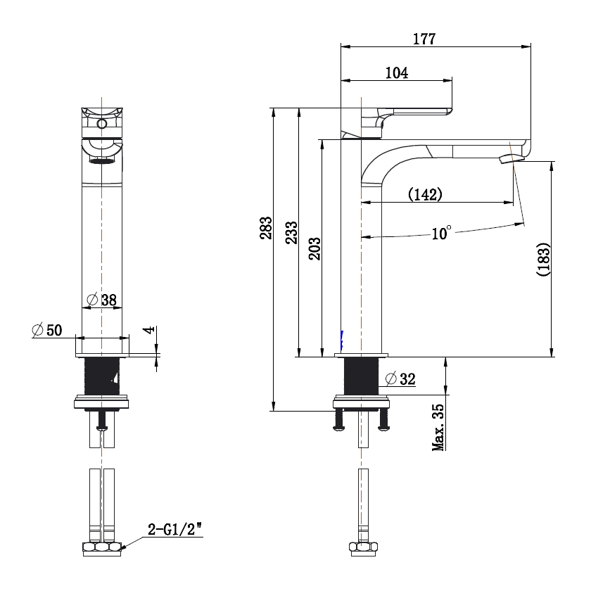 Modern National Nova Mid Rise Basin Mixer — measurement drawing (NVA001.5-LINE-DRAWING.png)