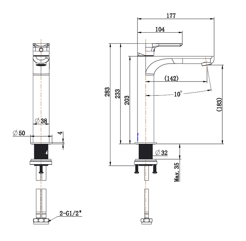 Modern National Nova Mid Rise Basin Mixer — measurement drawing (NVA001.5-LINE-DRAWING.png)