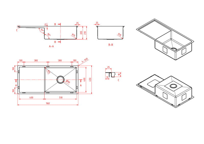 Modern National Single Bowl Sink Stainless Steel Sink 44L — measurement drawing (M-S209B-Line-Drawing.jpg)