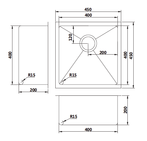 Modern National Coloured Single Bowl Sink 31L — measurement drawing (M-S202GM-Line-Drawing.png)