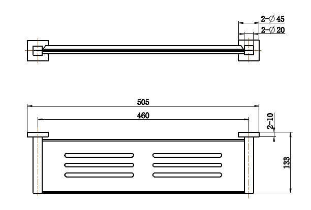 Modern National Lux Metal Shelf — measurement drawing (LUX90-2-Line-Drawing.png)