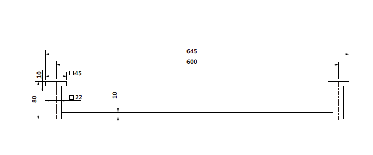 Modern National Lux Single Towel Rail 600mm — measurement drawing (LUX24-Line-Drawing.png)