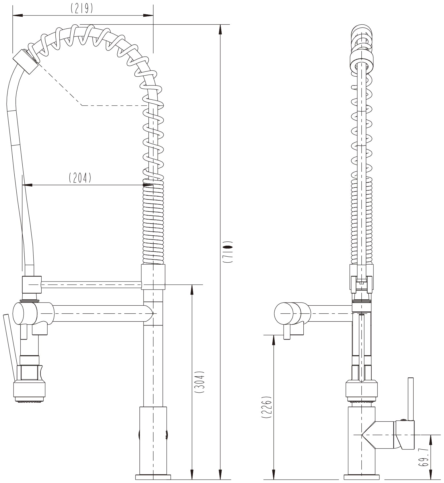 Modern National Halo Spring Multi-Function Kitchen Mixer — measurement drawing (K0044-Line-Drawing.jpg)