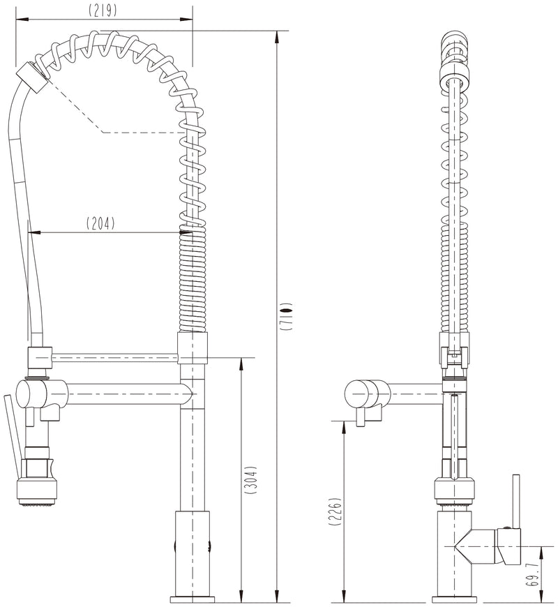 Modern National Halo Spring Multi-Function Kitchen Mixer — measurement drawing (K0044-Line-Drawing.jpg)