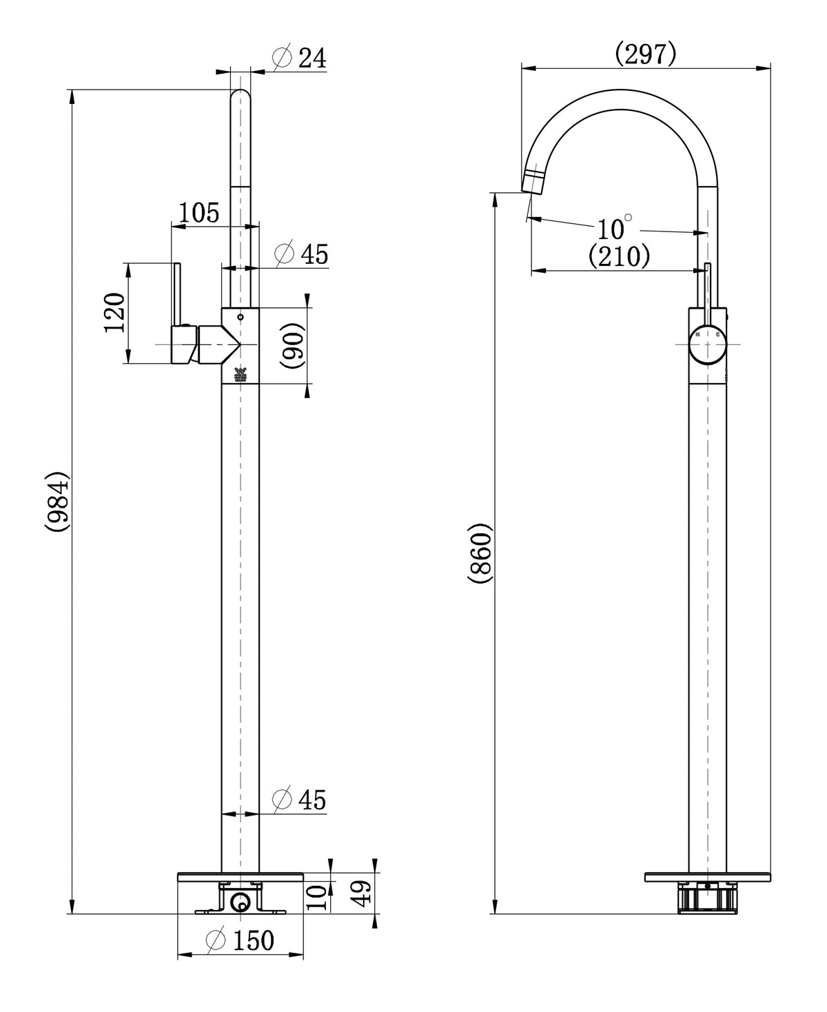 Modern National Star Mini Freestanding Bath Mixer — measurement drawing (STRM012-LINE-DRAWING.jpg)