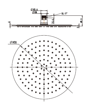 Modern National Stainless Steel Round Shower Head 300mm — measurement drawing (SSR300-Line-Drawing.png)