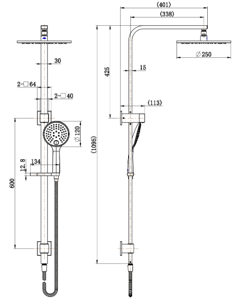 Modern National Kiama Shower Column Set — measurement drawing (KIA013-LD.png)