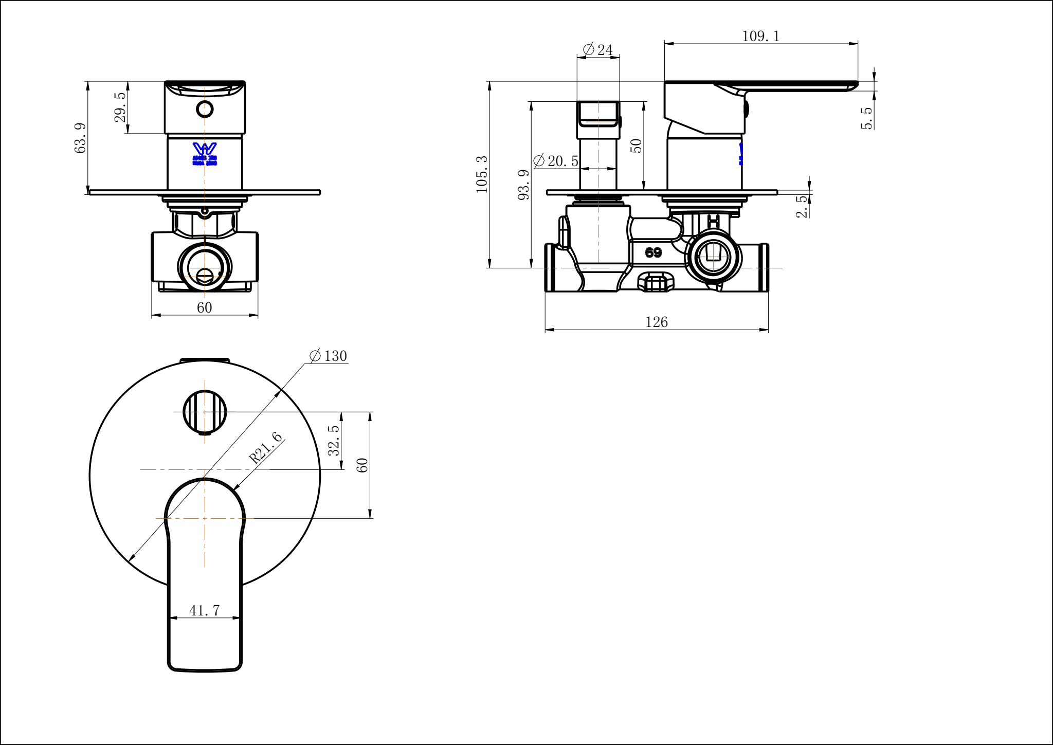 Modern National Kiama Shower Diverter Mixer — measurement drawing (A-KIA009-23130W-01-LINE-DRAWING.png)