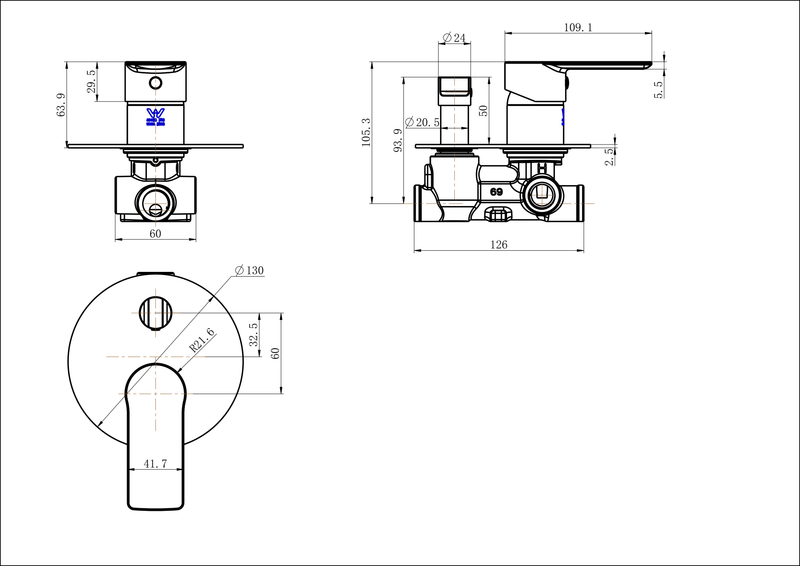 Modern National Kiama Shower Diverter Mixer — measurement drawing (A-KIA009-23130W-01-LINE-DRAWING.png)