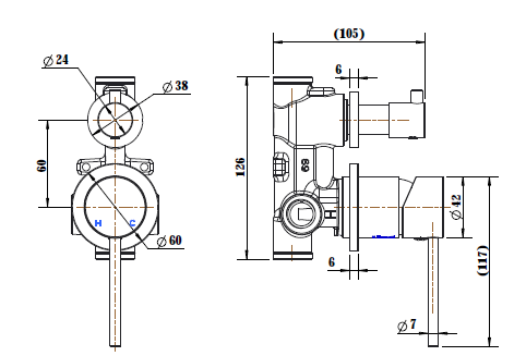 Modern National Star Mini Shower Diverter Mixer Small Backplate — measurement drawing (STRM009-1-Line-Drawing.png)