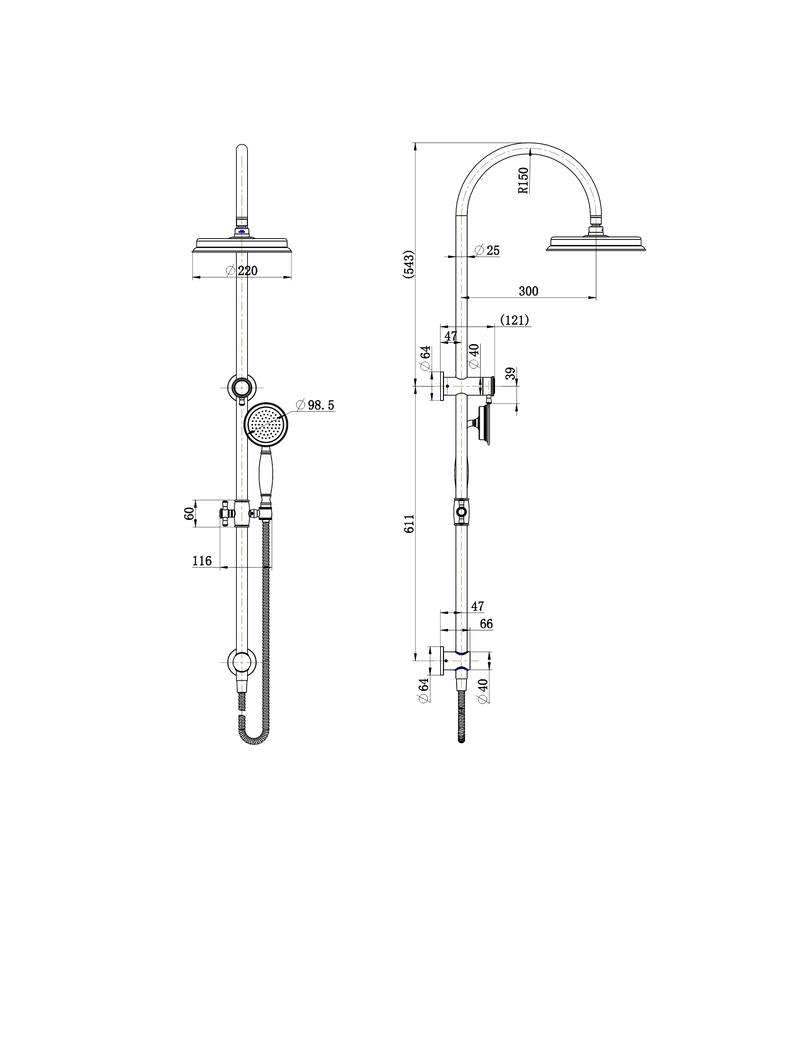 Modern National Montpellier Shower Column Set — measurement drawing (MON013-61923W-01-line-drawing.png)