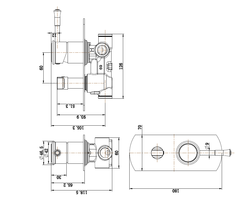Modern National Montpellier Shower Diverter Mixer — measurement drawing (Mon009.png)