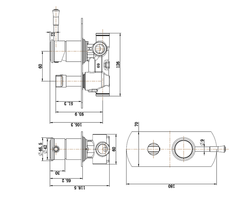 Modern National Montpellier Shower Diverter Mixer — measurement drawing (Mon009.png)