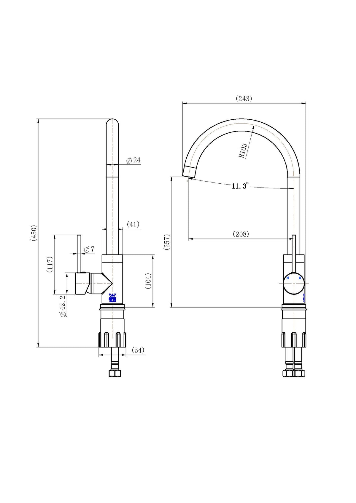 Modern National Grace Kitchen Mixer — measurement drawing (A-GRA004-1-Line-Drawing.jpg)