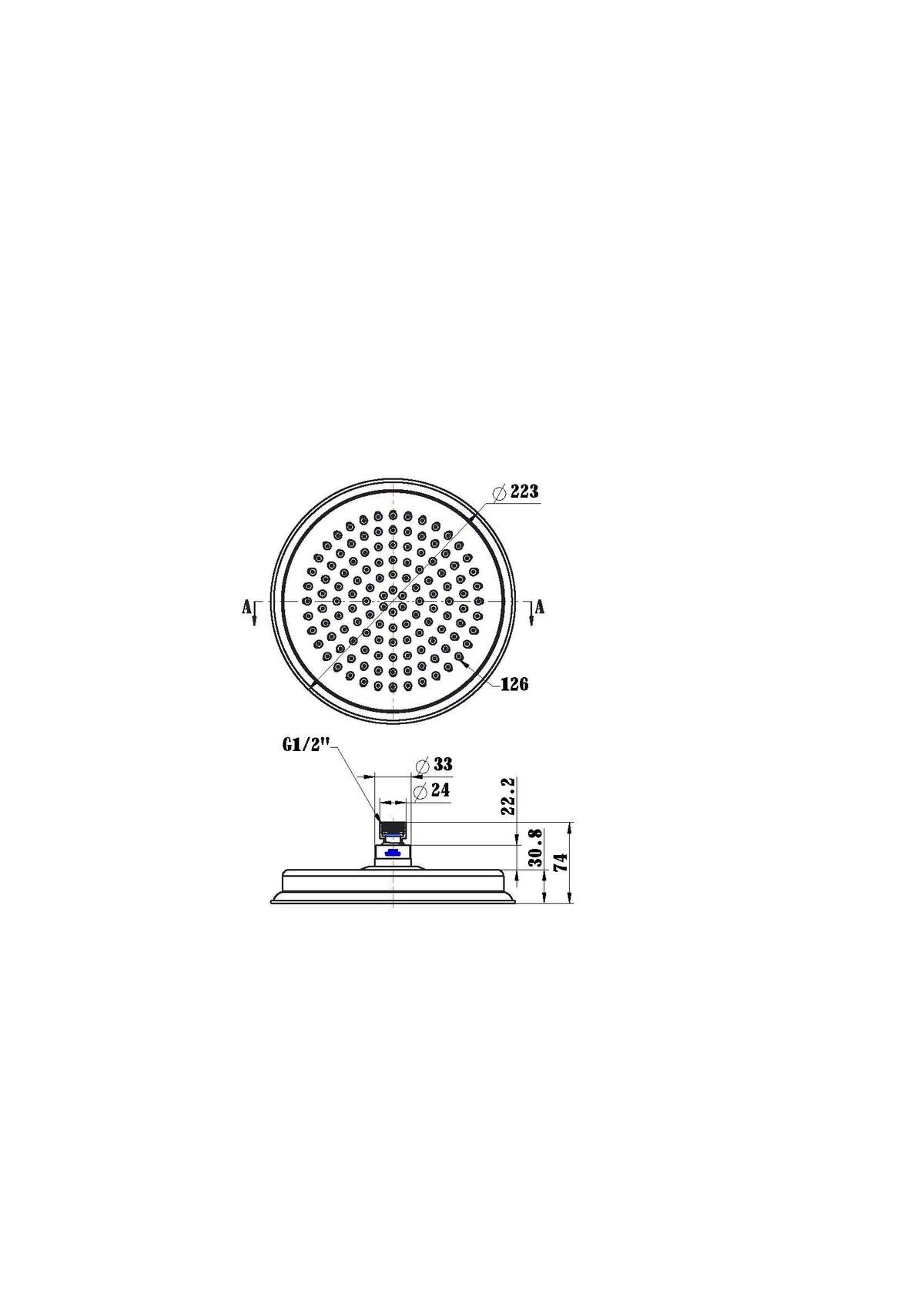 Modern National Montpellier Shower Head — measurement drawing (MON223-line-drawing.jpg)