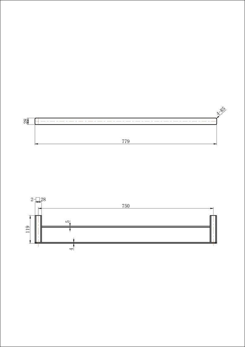 Modern National Nova Double Towel Rail 750mm — measurement drawing (NVA72-1972-LINE-DRAWING.png)