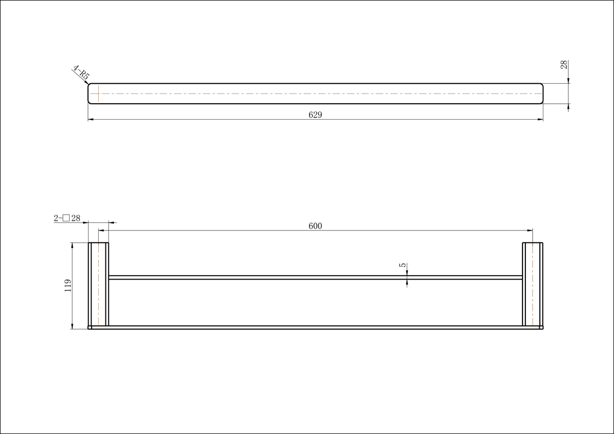 Modern National Nova Double Towel Rail 600mm — measurement drawing (NVA48-1948-LINE-DRAWING-1.png)