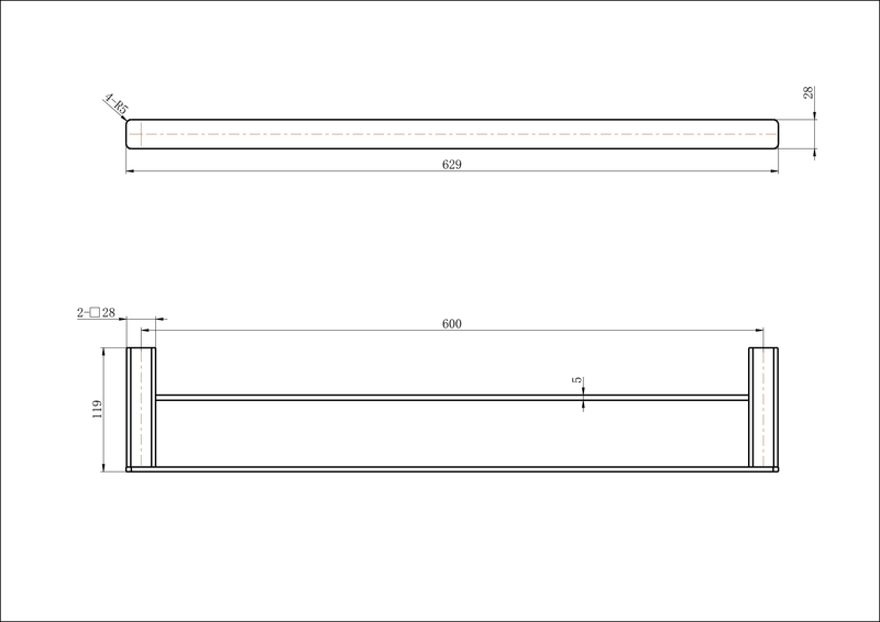 Modern National Nova Double Towel Rail 600mm — measurement drawing (NVA48-1948-LINE-DRAWING-1.png)