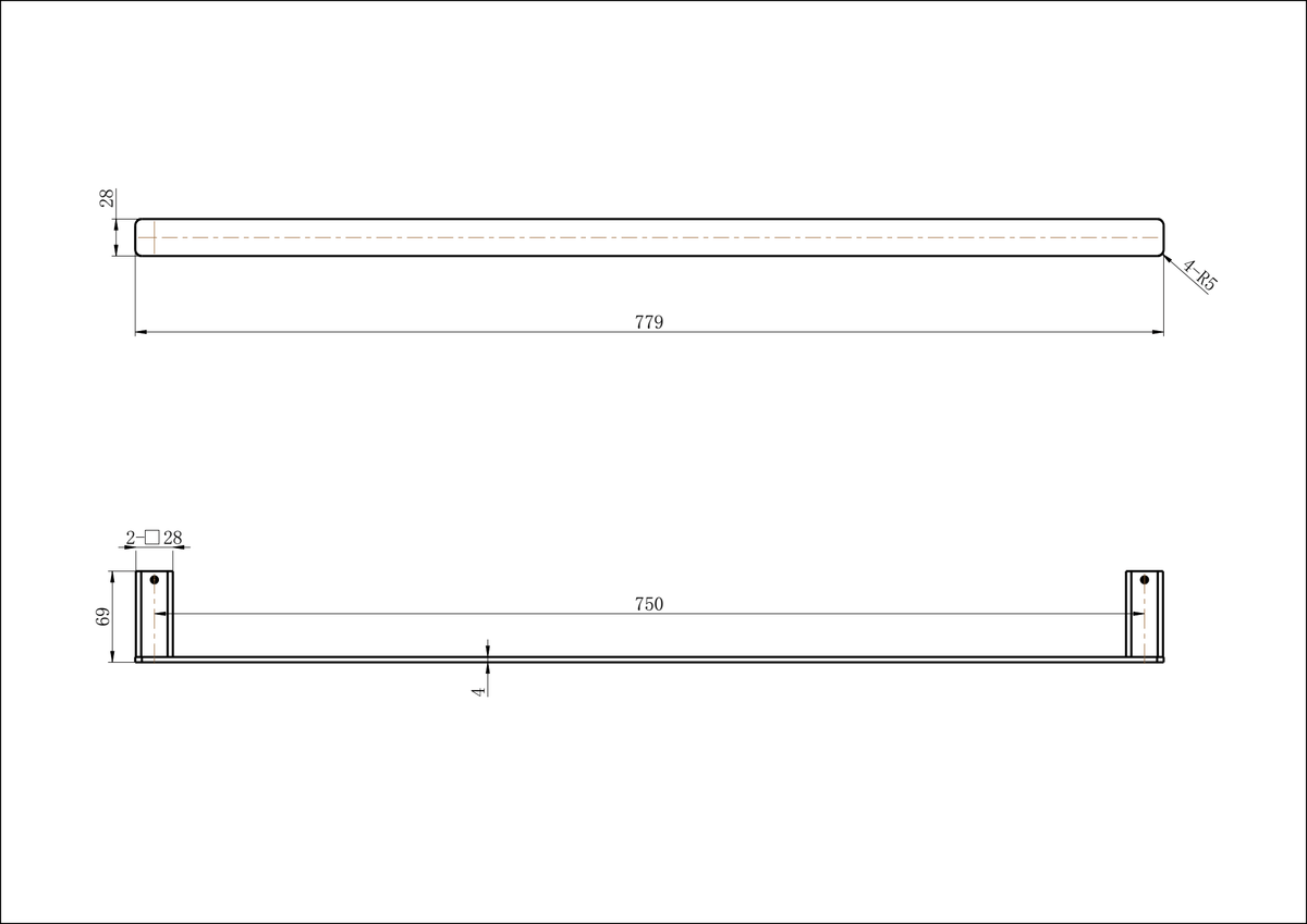 Modern National Nova Single Towel Rail 750mm — measurement drawing (NVA36-1936-LINE-DRAWING-1.png)