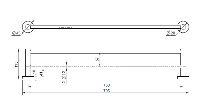 Modern National Mirage Double Towel Rail 750mm — measurement drawing (MIR72-Line-Drawing.png)