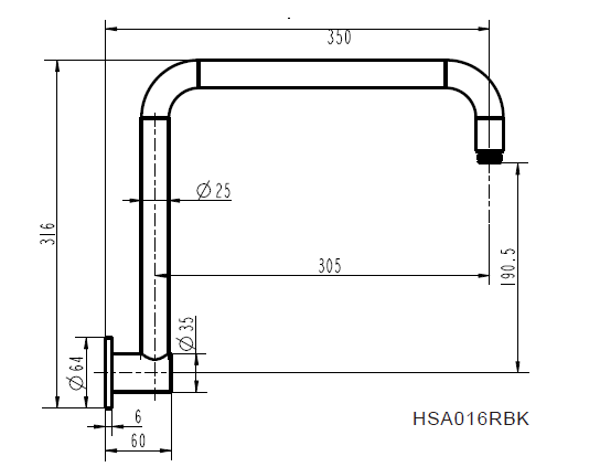 Modern National Round High Rise Shower Arm — measurement drawing (HAR016-Line-Drawing.png)