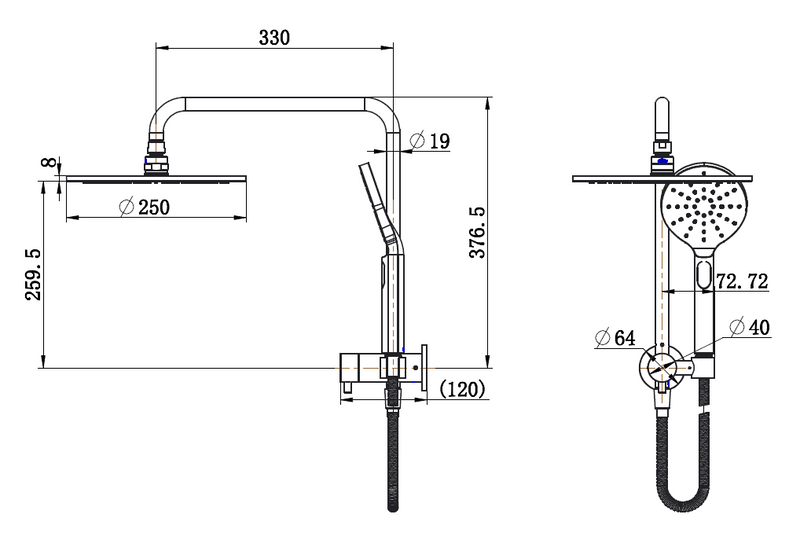Modern National Star Compact Half Shower Column Set — measurement drawing (str013-c-line-drawing.png)