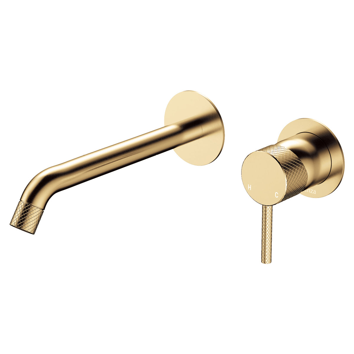 Fienza Axle Wall Basin/Bath Mixer Set, Round Plates, 200mm Outlet - Brushed Gold (Urban Brass)