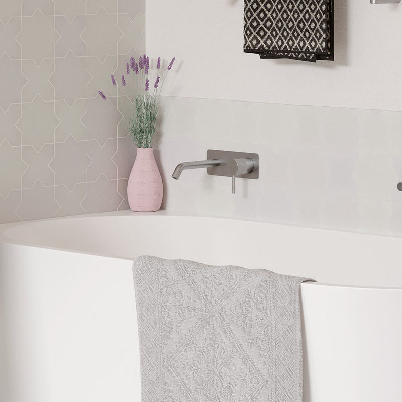 Fienza Axle Wall Basin/Bath Mixer Set, Rectangular Plate, 200mm Outlet - Brushed Nickel