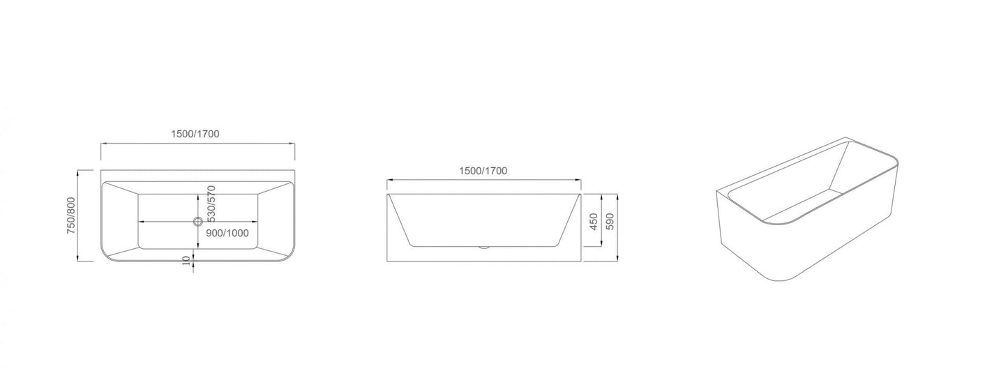1500mm Buillion Corner Back to Wall Bath Tub Gloss White No Overflow