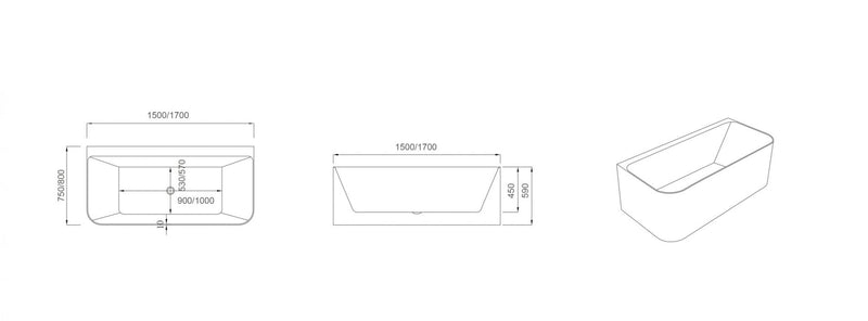1500mm Buillion Corner Back to Wall Bath Tub Gloss White No Overflow