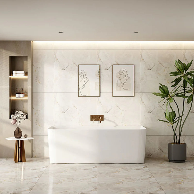 1500mm Buillion Corner Back to Wall Bath Tub Gloss White No Overflow