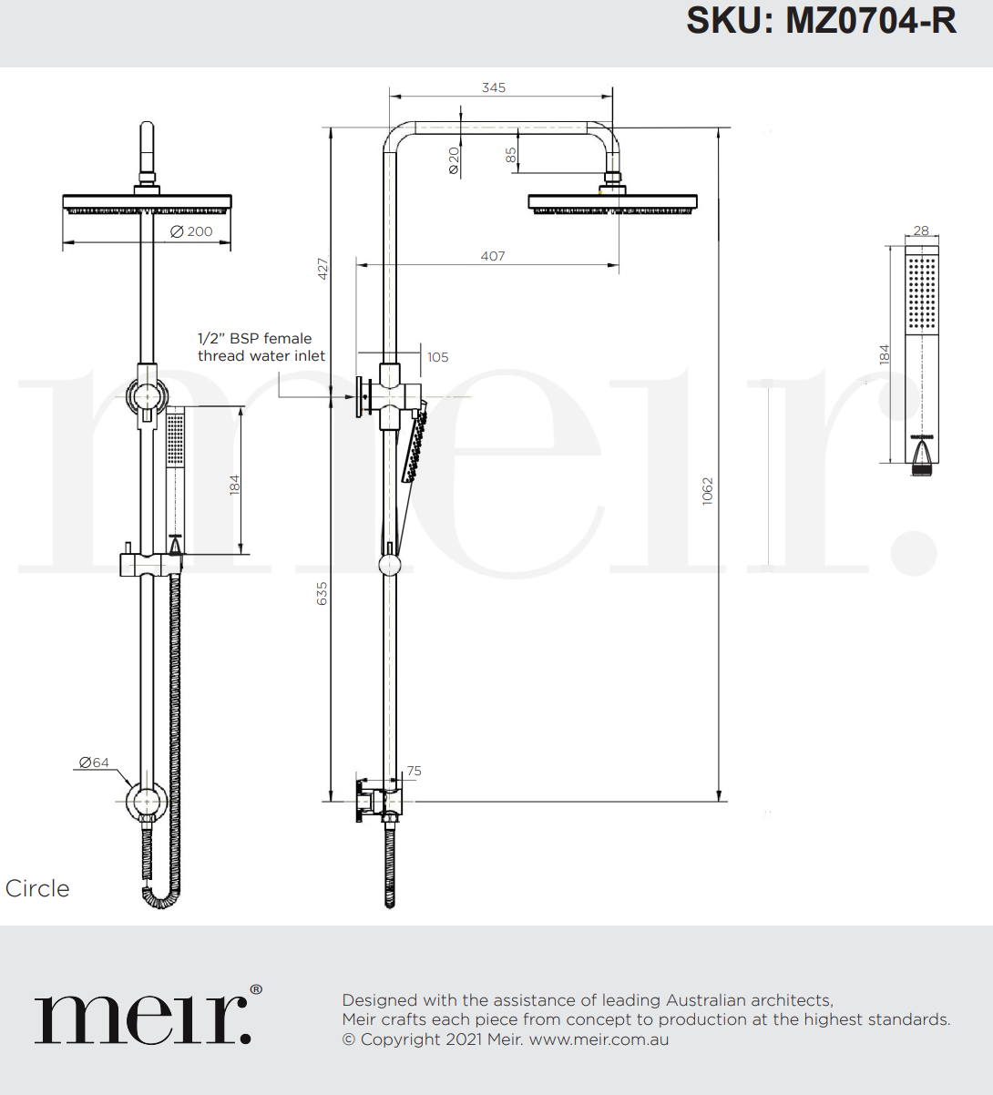 Meir 2 in 1 Twin Round Combination Shower Rail 200mm Rose Single Function Hand Shower