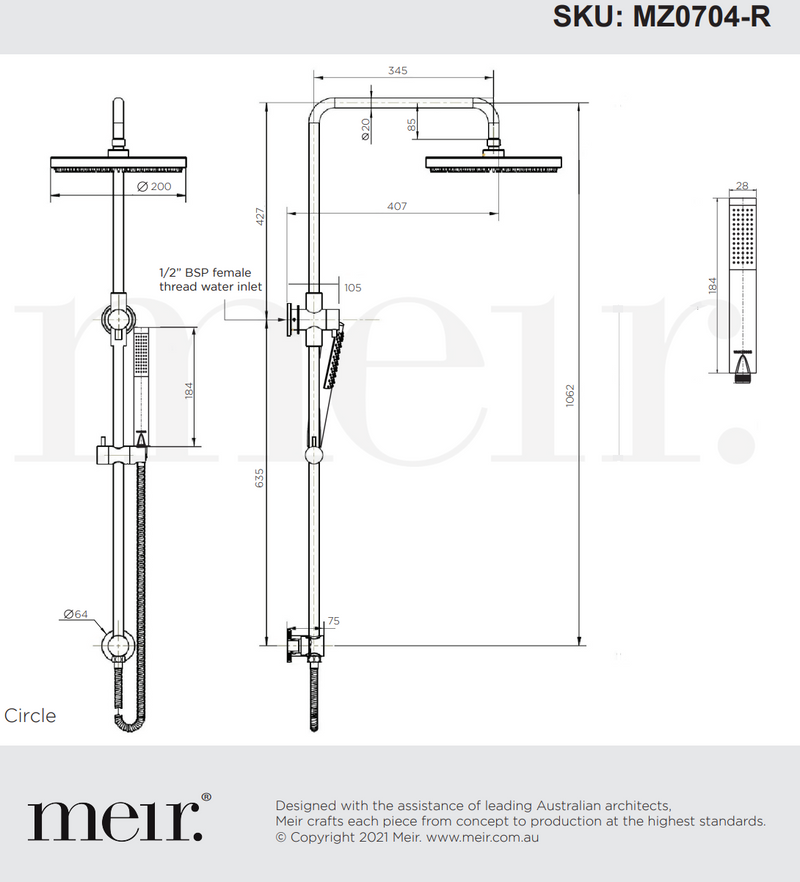 Meir 2 in 1 Twin Round Combination Shower Rail 200mm Rose Single Function Hand Shower