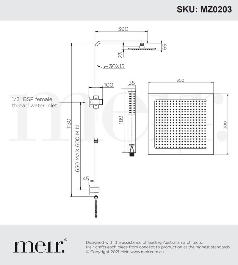 Meir 2 in 1 Twin Square Combination Shower Rail 300mm Shower Head with Handpiece