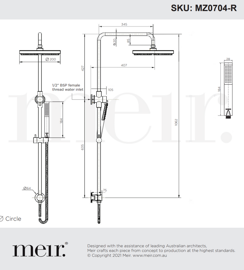 Meir 2 in 1 Twin Round Combination Shower Rail 200mm Rose & Single Function Hand Shower Chrome