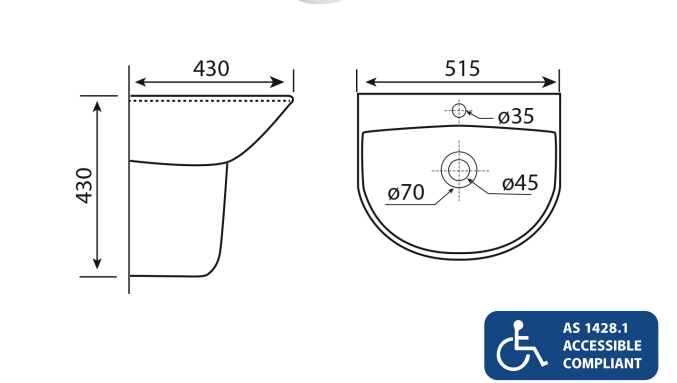 Ovia Care Wall-Hung Disabled Basin with Integral Shroud
