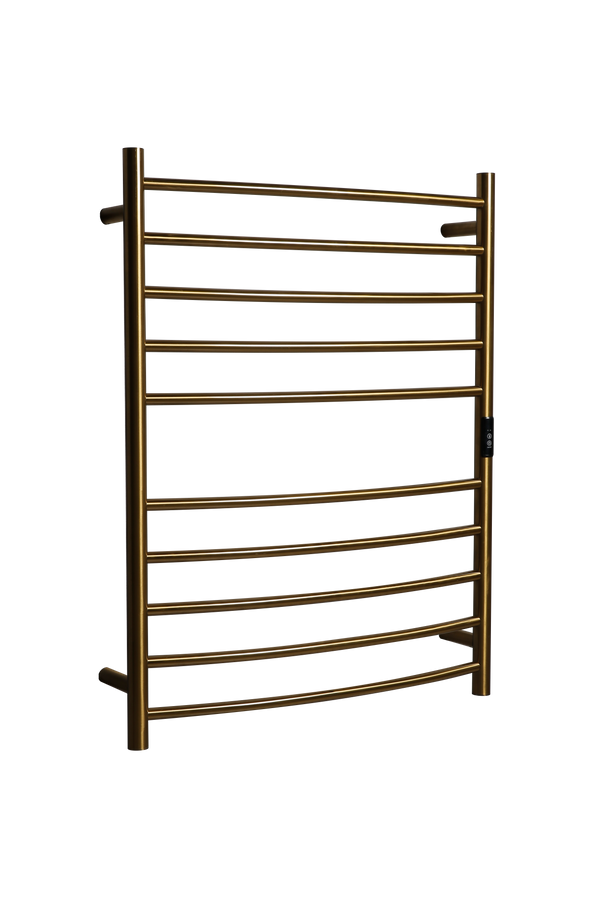 Hotwire Curved Round Heated Towel Rail 10 Bars Gold 900hx700w Inc Timer