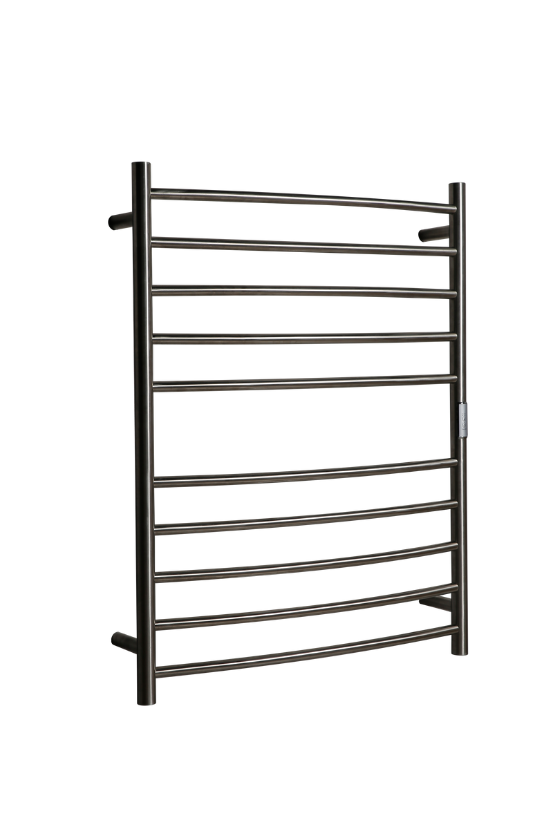 Hotwire Curved Round Heated Towel Rail 10 Bars Brushed Nickel 900hx700w Inc Timer