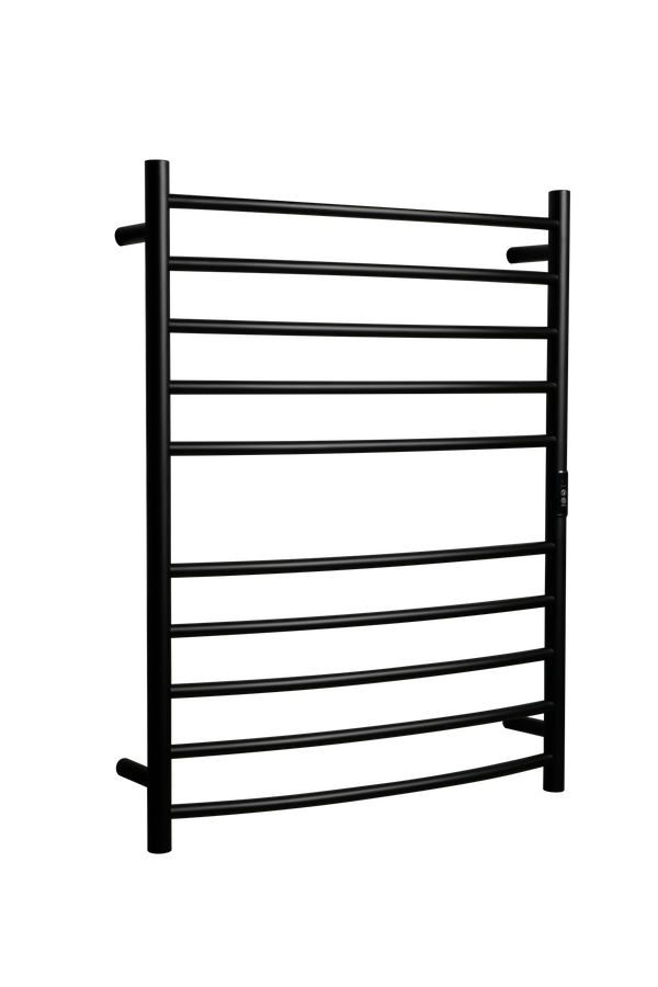 Hotwire Curved Round Heated Towel Rail 10 Bars Black 900hx700w Inc Timer